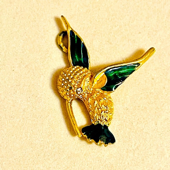 VTG Hummingbird Pendant Jewelry Green Enamel - Picture 1 of 4